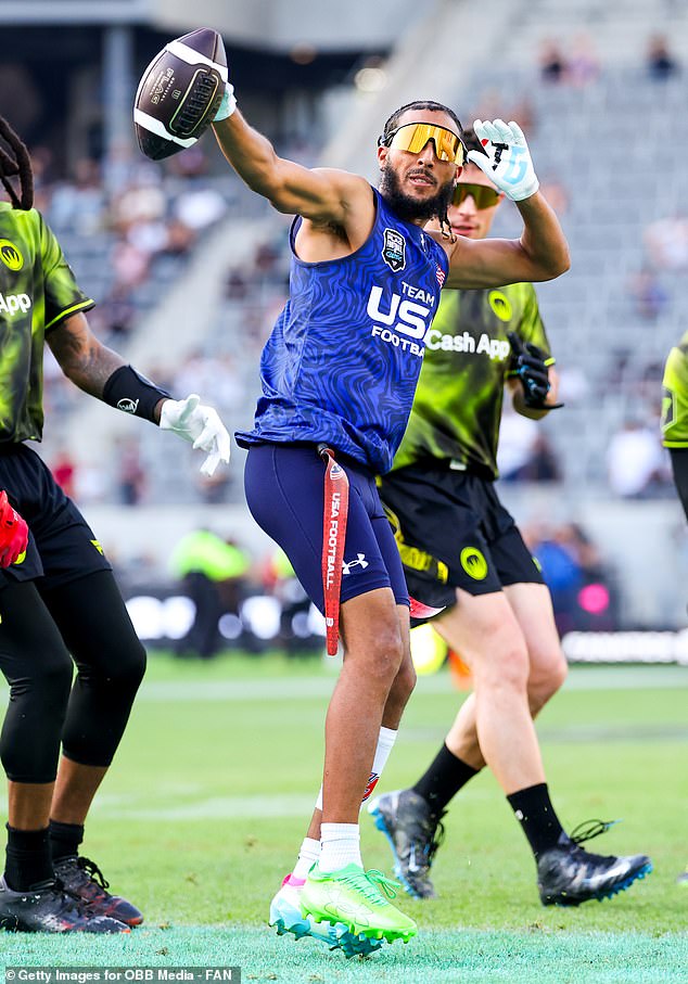 Housh Doucette #7 of the US Men's Flag Football Team celebrates after a touchdown