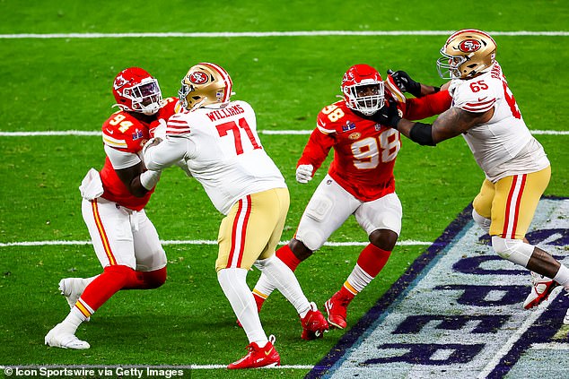 Wharton (No. 98) played in Kansas City's win over the San Francisco 49ers at Super Bowl LVIII