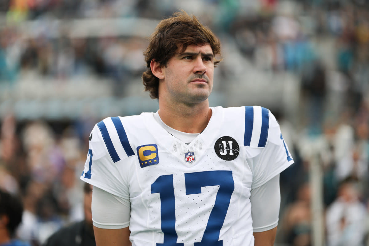 Indianapolis Colts quarterback Daniel Jones stands on the field prior to a game.Matt Pendleton-Imagn Images