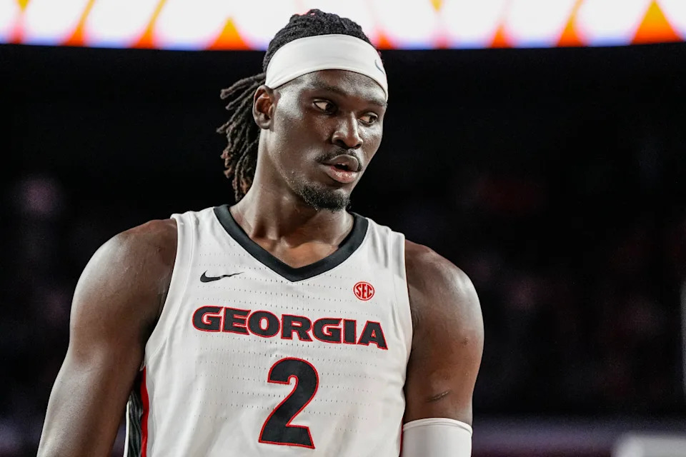 Mar 3, 2026; Athens, Georgia, USA; Georgia Bulldogs center Somto Cyril (2) on the court against the Alabama Crimson Tide at Stegeman Coliseum. © Dale Zanine-Imagn Images
