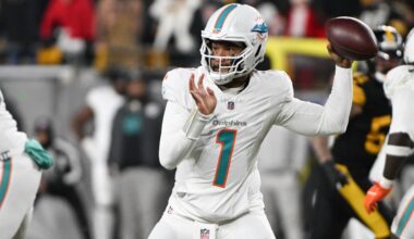 Dec 15, 2025; Pittsburgh, Pennsylvania, USA; Miami Dolphins quarterback Tua Tagovailoa (1) throws in the first quarter against the Pittsburgh Steelers at Acrisure Stadium.