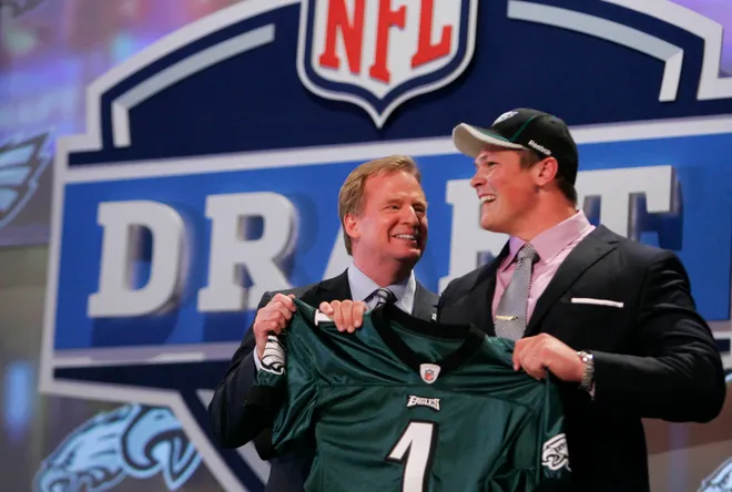 NFL commissioner Roger Goodell introduces guard Danny Watkins (Baylor) as the number twenty three overall pick to the Philadelphia Eagles in the 2011 NFL Draft.