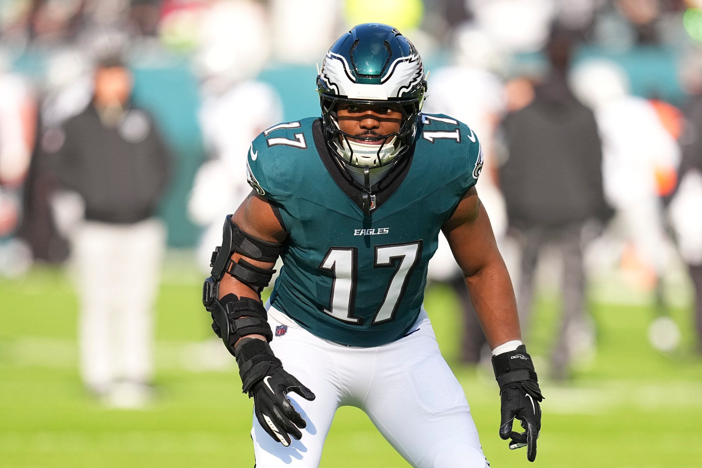 PHILADELPHIA, PENNSYLVANIA - DECEMBER 14: Nakobe Dean #17 of the Philadelphia Eagles looks on against the Las Vegas Raiders at Lincoln Financial Field on December 14, 2025 in Philadelphia, United States. (Photo by Mitchell Leff/Getty Images)