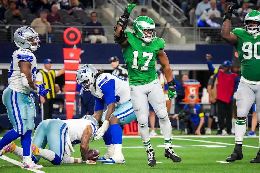 Philadelphia Eagles linebacker Nakobe Dean (17) celebrates after sacking Dallas Cowboys...