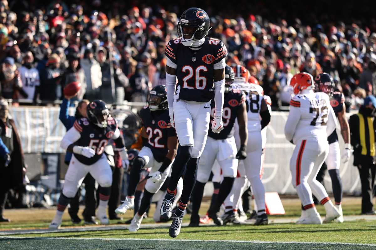Nahshon Wright #26 of the Chicago Bears celebrates a third down stop against the Cleveland Browns during the first quarter at Soldier Field on December 14, 2025 in Chicago, Illinois.