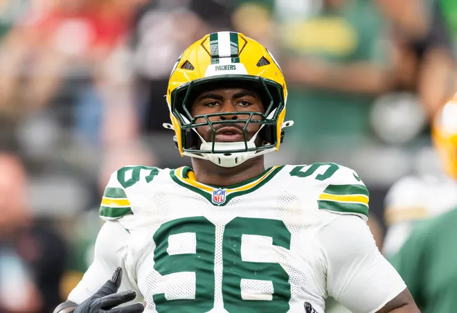 Oct 19, 2025; Glendale, Arizona, USA; Green Bay Packers defensive lineman Colby Wooden (96) against the Arizona Cardinals at State Farm Stadium. Mandatory Credit: Mark J. Rebilas-Imagn Images
