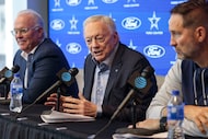 Dallas Cowboys owner Jerry Jones (center) speaks during end-of-season news conference, on...