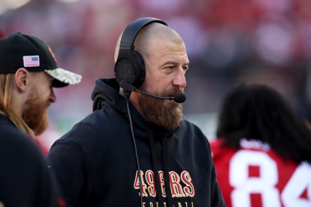 San Francisco 49ers tight ends coach Brian Fleury stands on the sideline during an NFL football game against the Los Angeles Rams, Monday, Jan. 7, 2024, in Santa Clara, Calif. (AP Photo/Scot Tucker)
