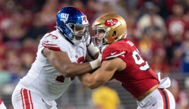 September 21, 2023; Santa Clara, California, USA; New York Giants offensive tackle Evan Neal (73) blocks San Francisco 49ers defensive end Nick Bosa (97) during the fourth quarter at Levi's Stadium.