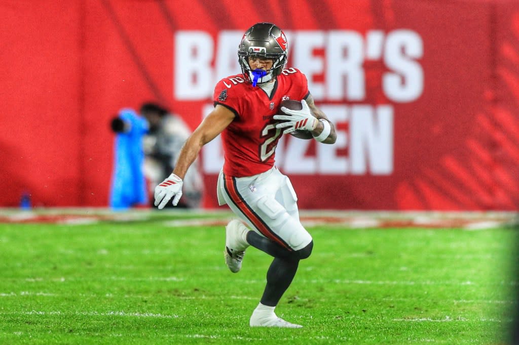 Tampa Bay Buccaneers Wide Receiver Emeka Egbuka (2) makes a catch during the Regular Season game between the Carolina Panthers and the Tampa Bay Buccaneers on January 03, 2026 at Raymond James Stadium in Tampa, Florida. Icon Sportswire via Getty Images