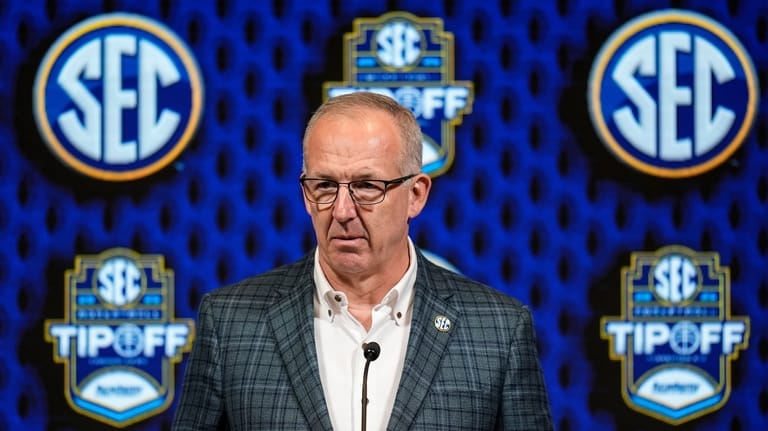 Greg Sankey, commissioner of the Southeastern Conference, speaks during NCAA...