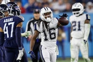 Dallas Cowboys wide receiver T.Y. Hilton (16) celebrates after making a catch for a first...