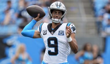 Carolina Panthers QB Bryce Young (#9) drops back to pass in 2024 matchup against the Los Angeles Chargers.