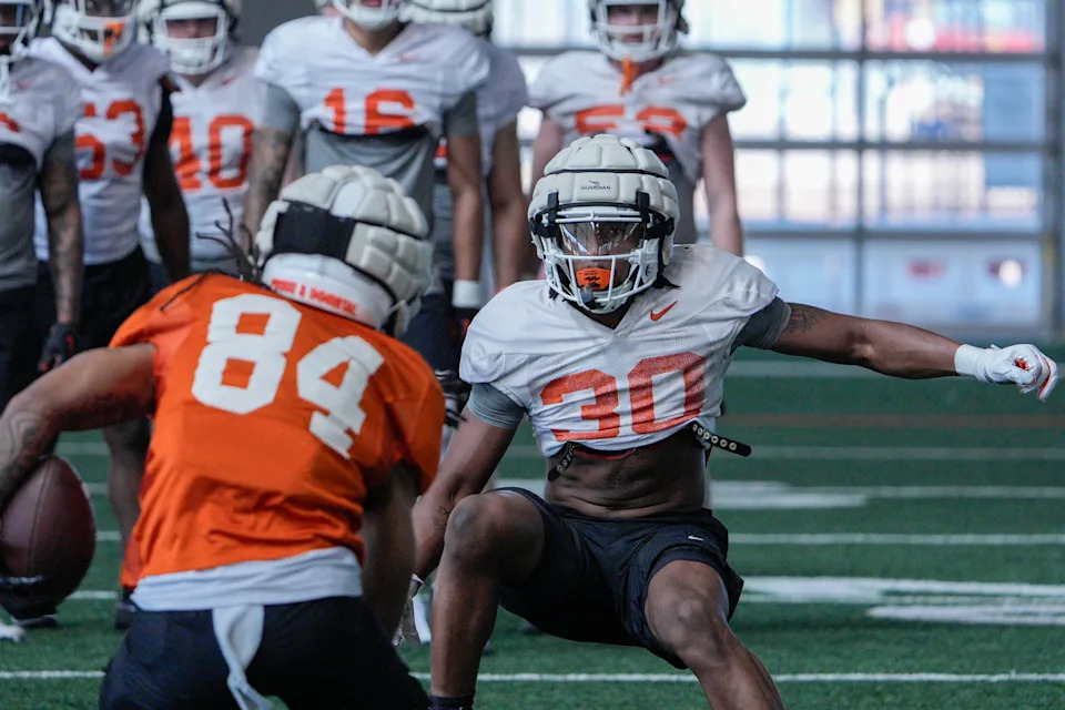 Trip White (30) runs drills during Oklahoma State football practice in Stillwater, Okla., on Tuesday, March 24, 2026.