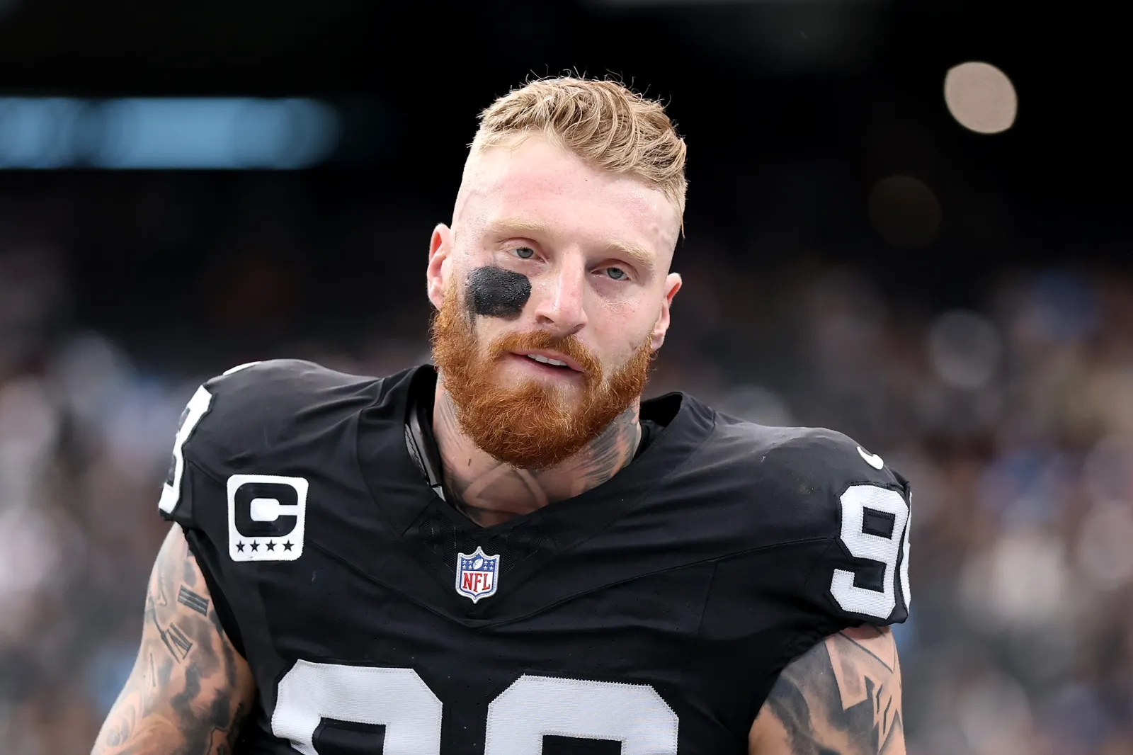 Maxx Crosby #98 of the Las Vegas Raiders looks on before the game against the Tennessee Titans at Allegiant Stadium on October 12, 2025 in Las Vegas, Nevada.