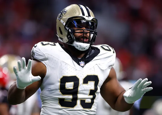ATLANTA, GEORGIA - SEPTEMBER 29: Nathan Shepherd #93 of the New Orleans Saints reacts against the Atlanta Falcons during the fourth quarter at Mercedes-Benz Stadium on September 29, 2024 in Atlanta, Georgia. (Photo by Todd Kirkland/Getty Images)