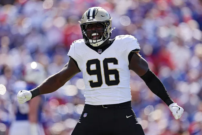 ORCHARD PARK, NEW YORK - SEPTEMBER 28: Carl Granderson #96 of the New Orleans Saints react after a sack during the second quarter against the Buffalo Bills at Highmark Stadium on September 28, 2025 in Orchard Park, New York. (Photo by Bryan M. Bennett/Getty Images)