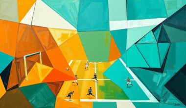 A cubist, geometric painting depicting a fragmented football game, with sharp planes of teal, orange, and white overlapping to create a dynamic, abstract composition.