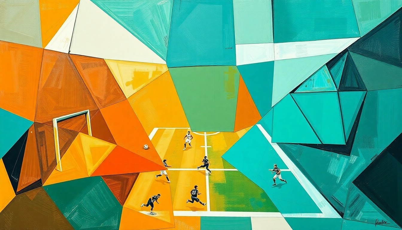 A cubist, geometric painting depicting a fragmented football game, with sharp planes of teal, orange, and white overlapping to create a dynamic, abstract composition.
