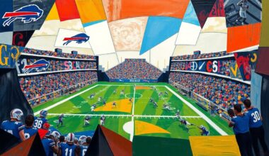 A fragmented, geometric painting depicting a football game or match, with players and the field broken down into sharp, overlapping planes of color and shape, representing the complex strategic and tactical elements of the sport.