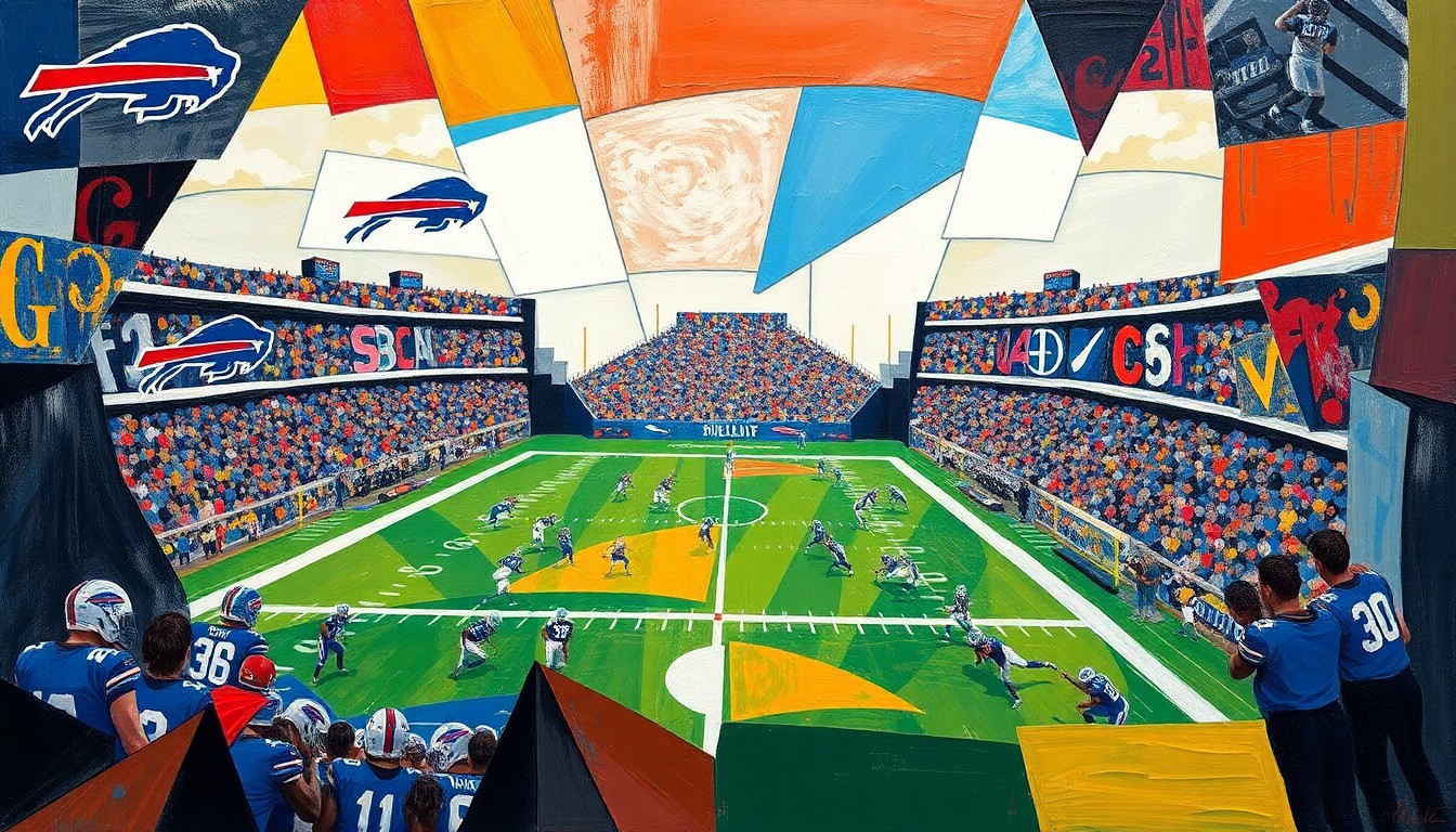 A fragmented, geometric painting depicting a football game or match, with players and the field broken down into sharp, overlapping planes of color and shape, representing the complex strategic and tactical elements of the sport.
