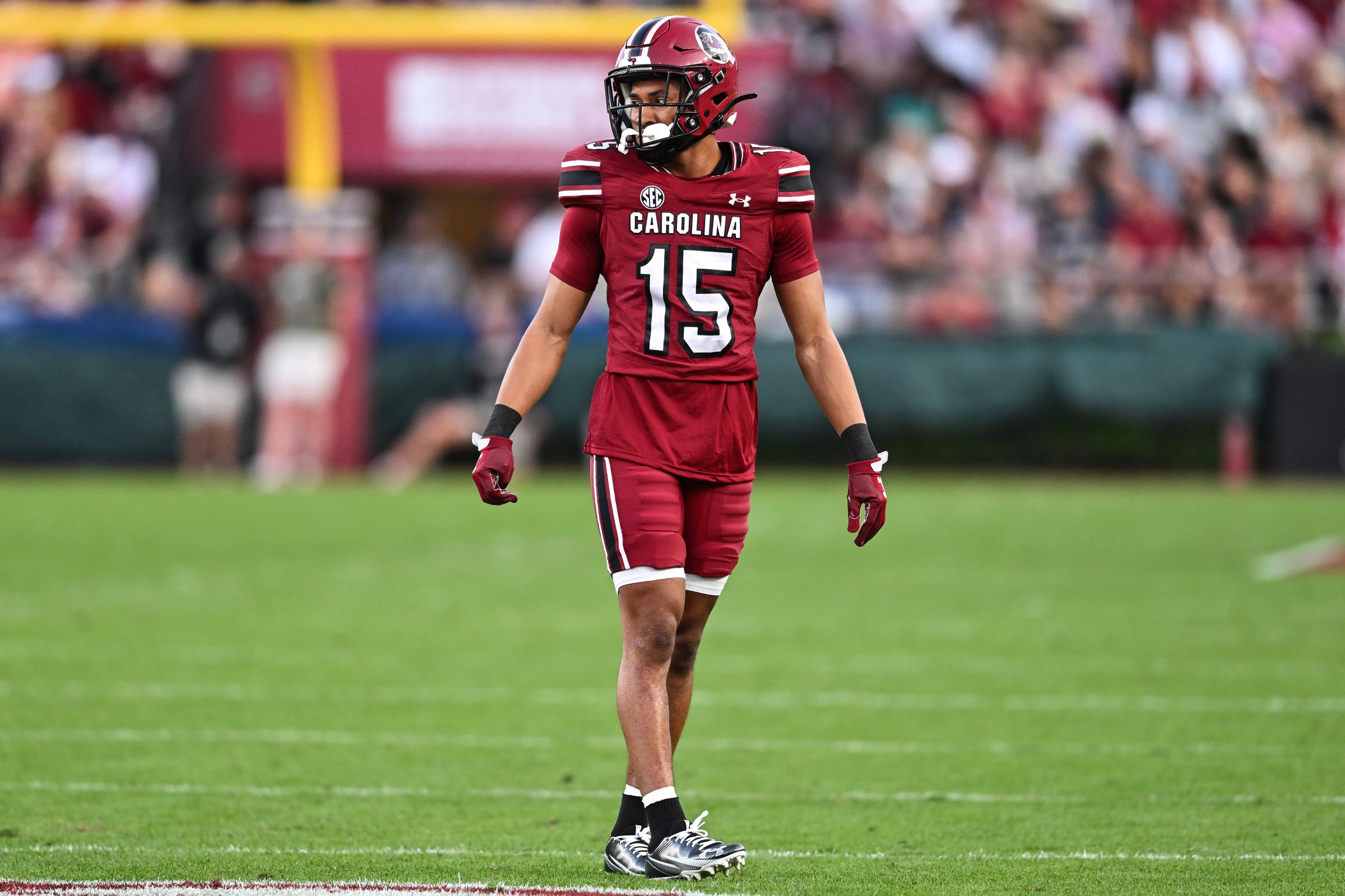 COLUMBIA, SOUTH CAROLINA - NOVEMBER 22: Brandon Cisse #15 of the South Carolina Gamecocks looks on during the first half of his game against the Coastal Carolina Chanticleers at Williams-Brice Stadium on November 22, 2025 in Columbia, South Carolina. (Photo by Matt Kelley/Getty Images)