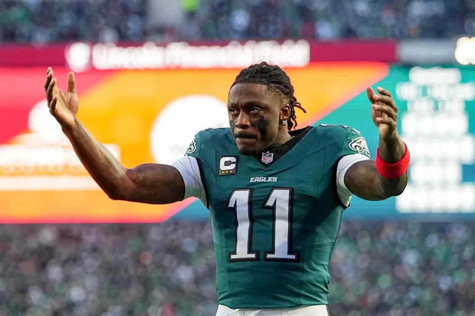 A.J. Brown of the Philadelphia Eagles pumps up the crowd before the NFC Wild Card Playoff game against the San Francisco 49ers at Lincoln Financial Field on January 11, 2026 in Philadelphia, Pennsylvania. Getty Images