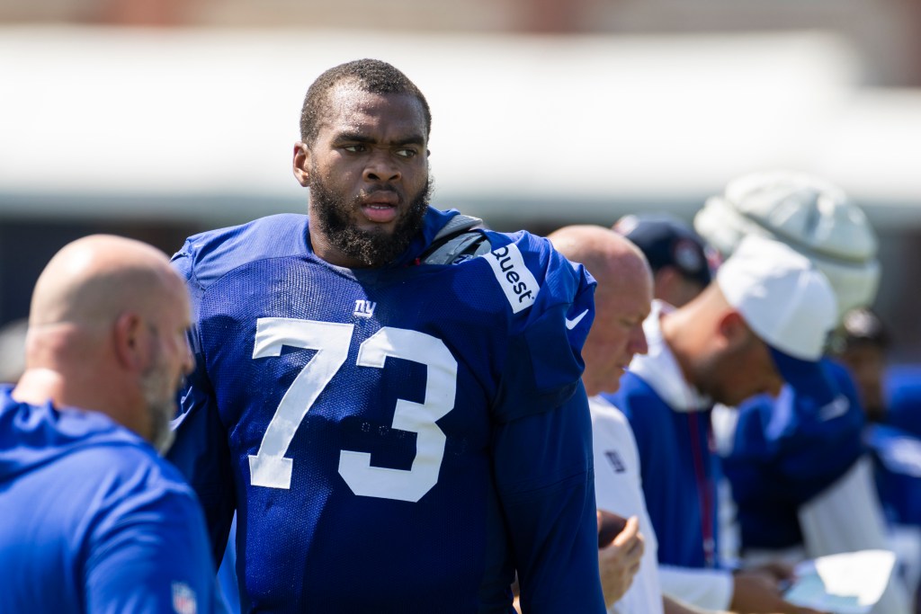New York Giants offensive tackle Evan Neal (73) looks on during training camp at the Quest Diagnostics center, Tuesday, July 29, 2025, in East Rutherford, New Jersey. 