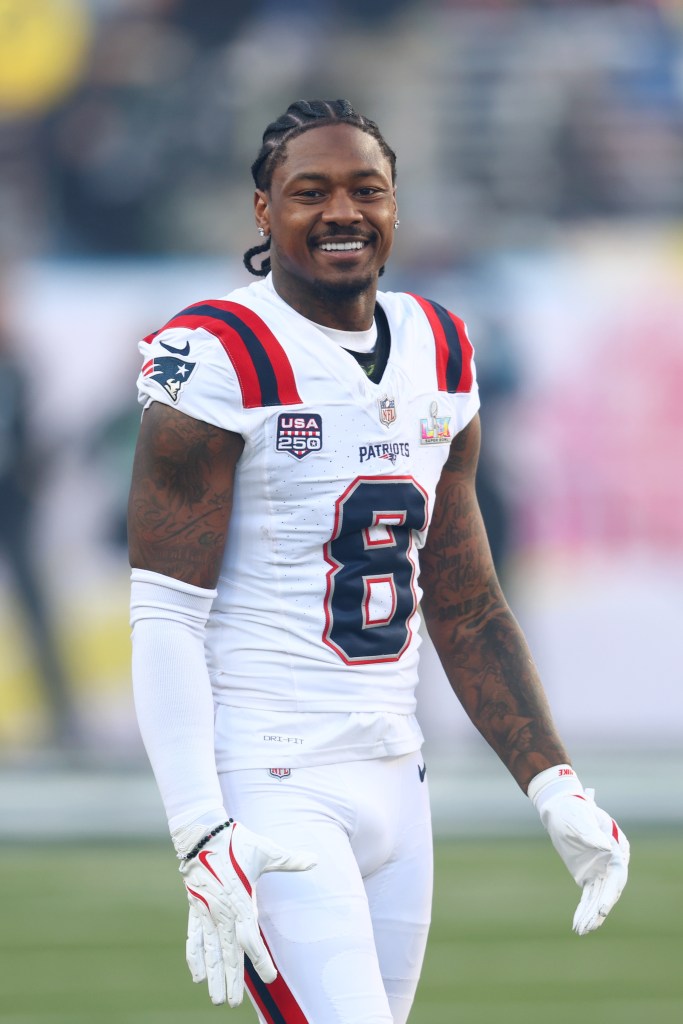 New England Patriots wide receiver Stefon Diggs (8) looks on before Super Bowl LX against the Seattle Seahawks at Levi's Stadium.