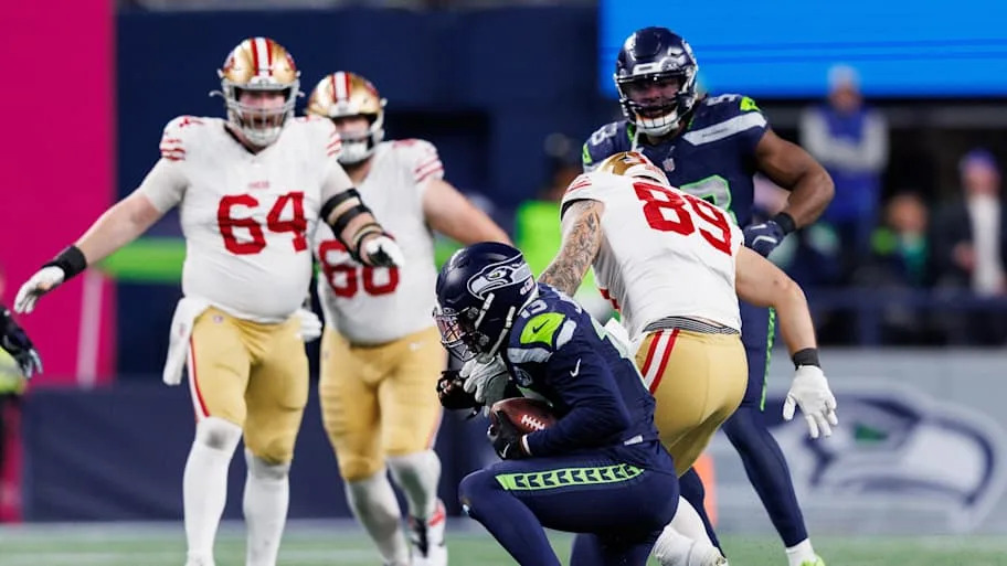 Seattle Seahawks linebacker Ernest Jones IV (intercepts the ball in the third quarter