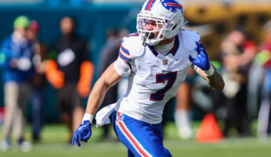 Buffalo Bills cornerback Taron Johnson (7) plays against the Jacksonville Jaguars during an NFL ...