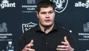 Center Tyler Linderbaum speaks as the Raiders hold a press conference at the Intermountain Heal ...