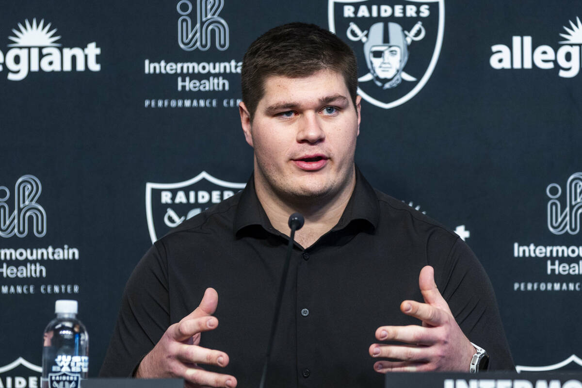 Center Tyler Linderbaum speaks as the Raiders hold a press conference at the Intermountain Heal ...