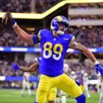 Los Angeles Rams tight end Tyler Higbee (89) spikes the ball after scoring a touchdown against the Arizona Cardinals during the second half at SoFi Stadium on Jan 4, 2026.