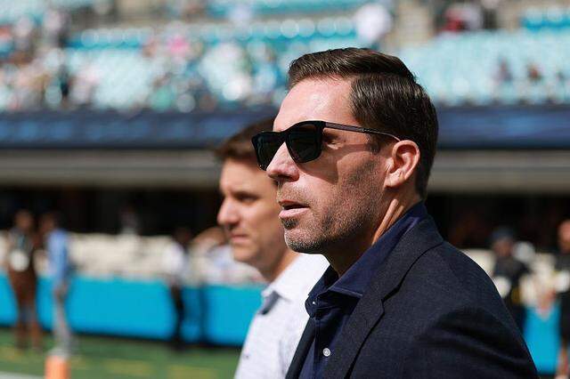 CHARLOTTE, NORTH CAROLINA - OCTOBER 05: General Manager Dan Morgan of the Carolina Panthers looks on prior to the game against the Miami Dolphins at Bank of America Stadium on October 05, 2025 in Charlotte, North Carolina. 