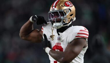PHILADELPHIA, PENNSYLVANIA - JANUARY 11: Brian Robinson Jr. #3 of the San Francisco 49ers after his team's touchdown during the fourth quarter against the Philadelphia Eagles in the NFC Wild Card Playoff game at Lincoln Financial Field on January 11, 2026 in Philadelphia, Pennsylvania. (Photo by Elsa/Getty Images)