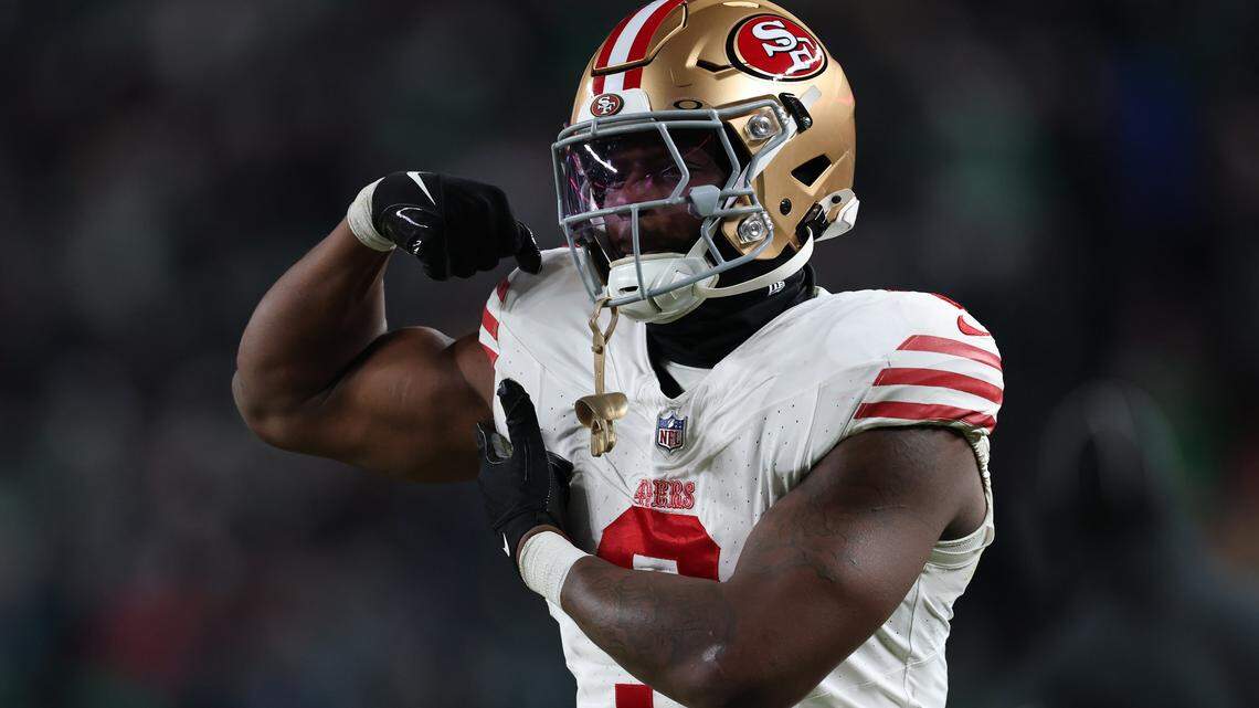 PHILADELPHIA, PENNSYLVANIA - JANUARY 11: Brian Robinson Jr. #3 of the San Francisco 49ers after his team's touchdown during the fourth quarter against the Philadelphia Eagles in the NFC Wild Card Playoff game at Lincoln Financial Field on January 11, 2026 in Philadelphia, Pennsylvania. (Photo by Elsa/Getty Images)