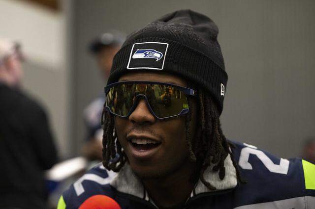 Seattle Seahawks wide receiver Rashid Shaheed (22) speaks to the media during Seahawks team availability , at San Jose Convention Center on Wednesday, Feb. 4, 2026, in San Jose, Calif.