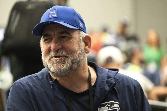 Seattle Seahawks offensive line coach John Benton speaks to the media during Seahawks team availability , at San Jose Convention Center on Wednesday, Feb. 4, 2026, in San Jose, Calif.