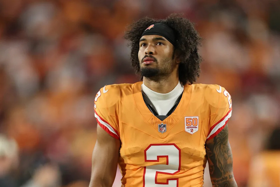 Dec 11, 2025; Tampa, Florida, USA; Tampa Bay Buccaneers wide receiver Emeka Egbuka (2) looks on against the Atlanta Falcons during the first quarter at Raymond James Stadium. Mandatory Credit: Nathan Ray Seebeck-Imagn Images© Nathan Ray Seebeck-Imagn Images.