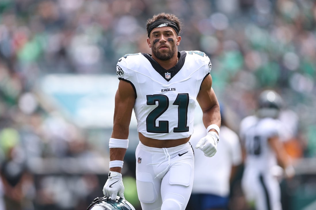 Aug 16, 2025; Philadelphia, Pennsylvania, USA; Philadelphia Eagles safety Sydney Brown (21) in a game against the Cleveland Browns at Lincoln Financial Field. Mandatory Credit: Bill Streicher-Imagn Images