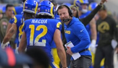 Nov 2, 2025; Inglewood, California, USA; Los Angeles Rams head coach Sean McVay and wide receiver Puka Nacua (12) react after a touchdown against the New Orleans Saints during the first half at SoFi Stadium. Mandatory Credit: Jayne Kamin-Oncea-Imagn Images