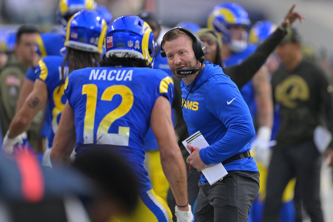 Nov 2, 2025; Inglewood, California, USA; Los Angeles Rams head coach Sean McVay and wide receiver Puka Nacua (12) react after a touchdown against the New Orleans Saints during the first half at SoFi Stadium. Mandatory Credit: Jayne Kamin-Oncea-Imagn Images