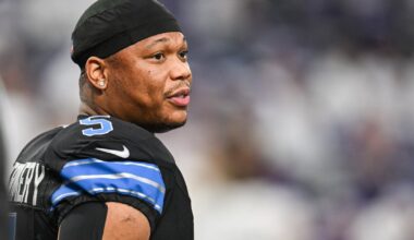 Dec 25, 2025; Minneapolis, Minnesota, USA; Detroit Lions running back David Montgomery (5) looks on before the game against the Minnesota Vikings at U.S. Bank Stadium. Mandatory Credit: Jeffrey Becker-Imagn Images