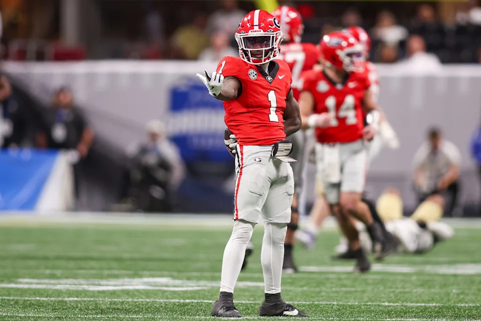 Georgia Bulldogs wide receiver Zachariah Branch (1) reacts after a catch against the Georgia Tech Yellow Jackets