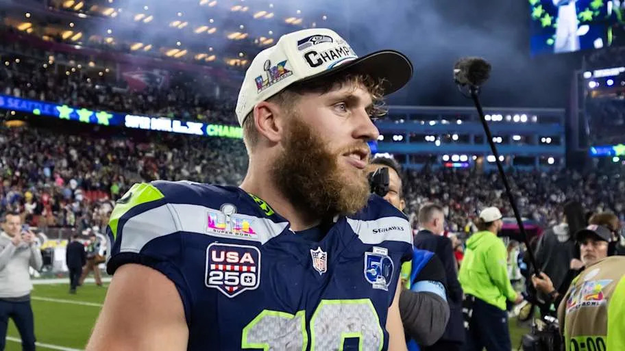Seattle Seahawks wide receiver Cooper Kupp after defeating the New England Patriots during Super Bowl LX