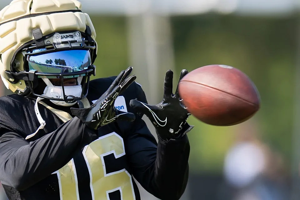 Jul 31, 2023; Metairie, LA, USA; New Orleans Saints wide receiver Keke Coutee (16) during training camp at the Ochsner Sports Performance Center. Mandatory Credit: Stephen Lew-USA TODAY Sports