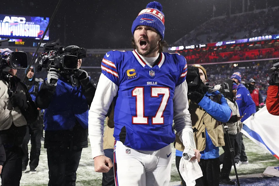 ORCHARD PARK, NEW YORK - JANUARY 19: Josh Allen #17 of the Buffalo Bills celebrates after a victory in the AFC Divisional Playoff against the Baltimore Ravens at Highmark Stadium on January 19, 2025 in Orchard Park, New York. (Photo by Kathryn Riley/Getty Images)
