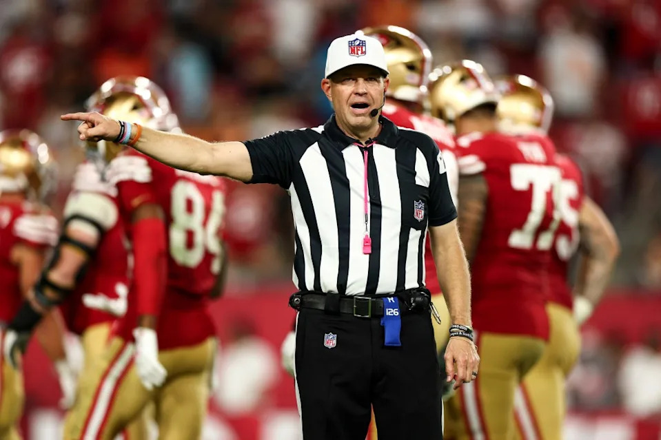 Referee Brad Rogers calls a penalty during an NFL football game between the Tampa Bay Buccaneers and the San Francisco 49ers at Raymond James Stadium on October 12, 2025 in Tampa, Florida. Getty Images
