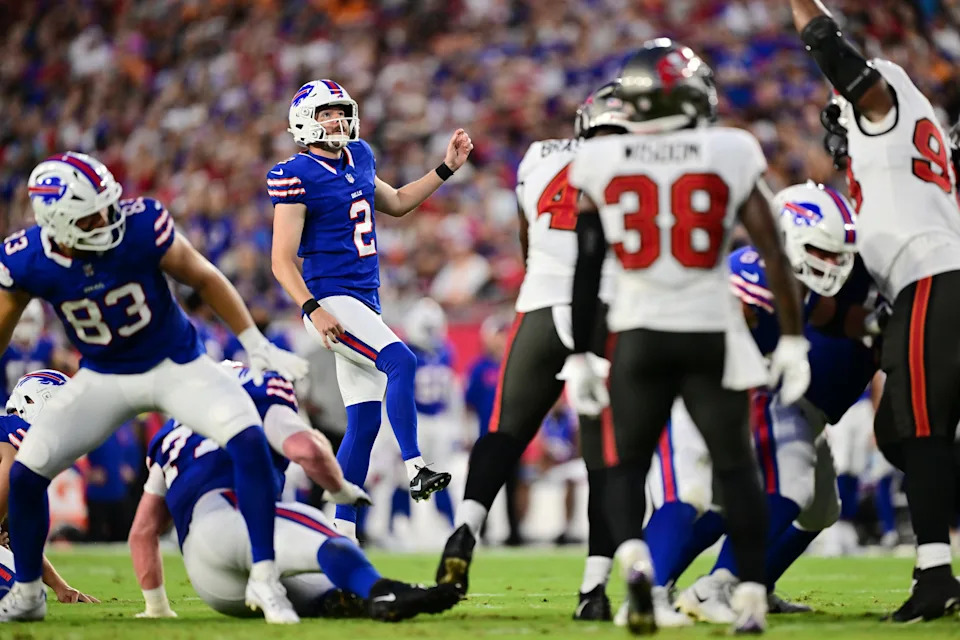 TAMPA, FLORIDA - AUGUST 23: Tyler Bass #2 of the Buffalo Bills watches the ball go through the uprights during an extra point attempt in the first half during the NFL Preseason 2025 game between Buffalo Bills and Tampa Bay Buccaneers at Raymond James Stadium on August 23, 2025 in Tampa, Florida. (Photo by Julio Aguilar/Getty Images)